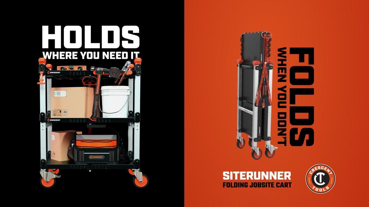 Crescent SITERUNNER folding cart e-graphic depicting "Holds where you need it" and "Folds when you don't"