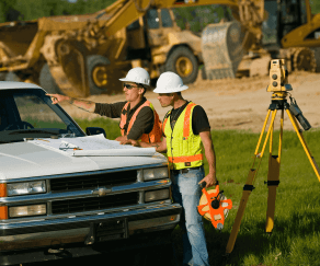 Two men surveying a work site