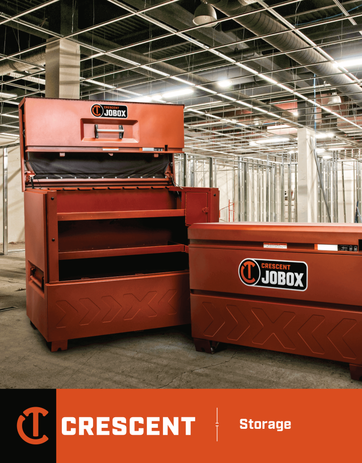 Cover of the 2024 Crescent JOBOX Storage Catalog featuring an open piano box and a closed chest