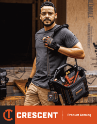 2024 Crescent Catalog cover with construction worker carrying tool bag with tools on residential construction site