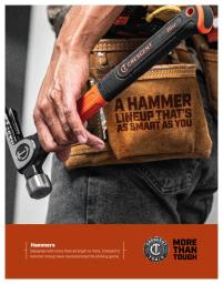 Cover of Crescent Hammer Brochure with a man holding a 20 ounce hammer wearing a tool belt that says "A hammer lineup that's as smart as you".  Additional text at the bottom of the page says "Hammers" "Designed with more than strength in mind, Crescent's hammer lineup have revolutionized the striking game." "Crescent Tools More Than Tough"
