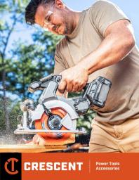 Crescent Power Tool Accessories Catalog Cover with an image of a man using a circular saw to cut lumber