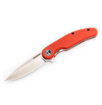 Crescent Drop Point Pocket Knife with rawhide orange-red handle on white background