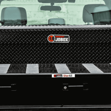 Black JOBOX truck box and drawer storage in the back of a pickup truck